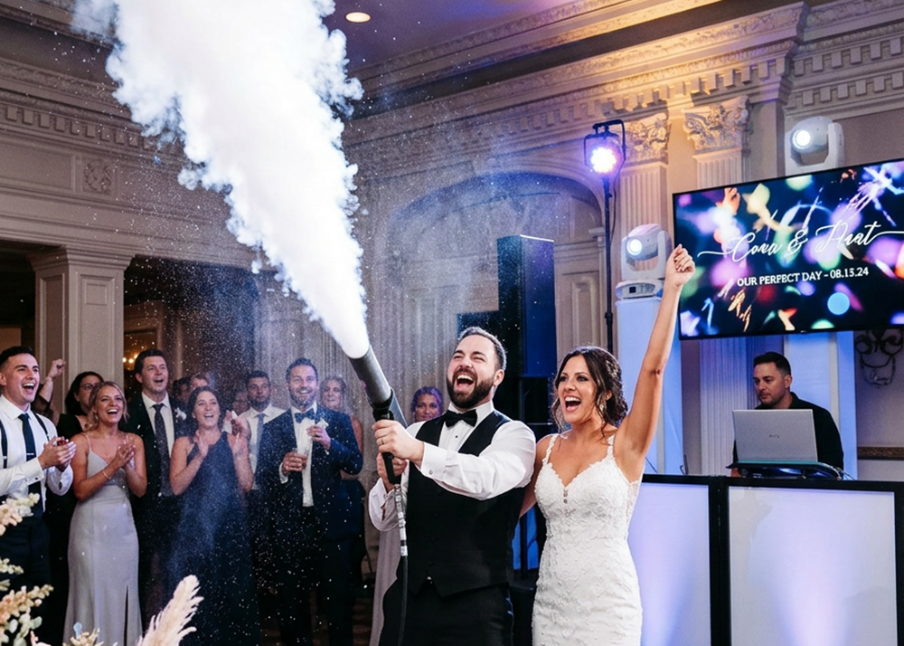Bride and groom celebrating with professional CO2 cannon effects at their wedding reception