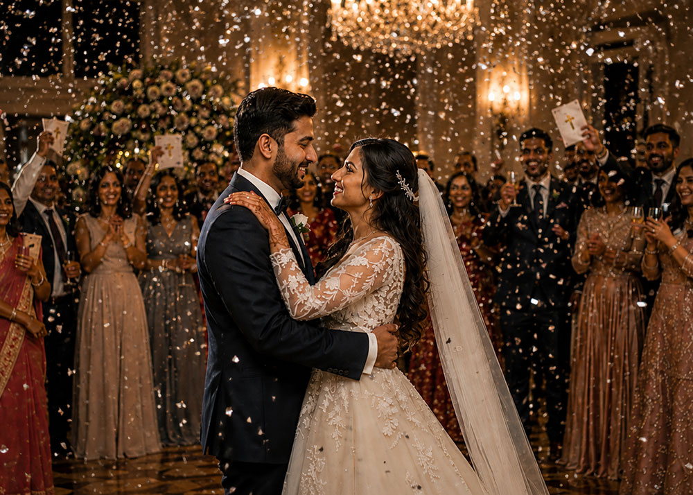 Bride and groom celebrating with a confetti effect during their wedding reception