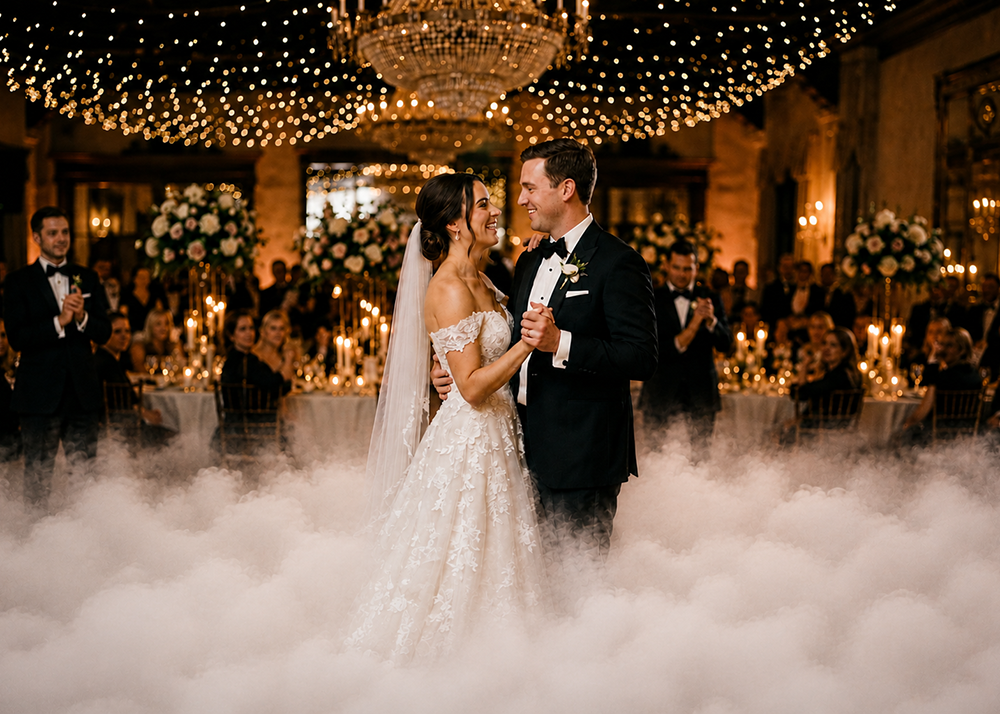 Bride and groom sharing their first dance with a luxury dry ice fog effect at a Johannesburg wedding