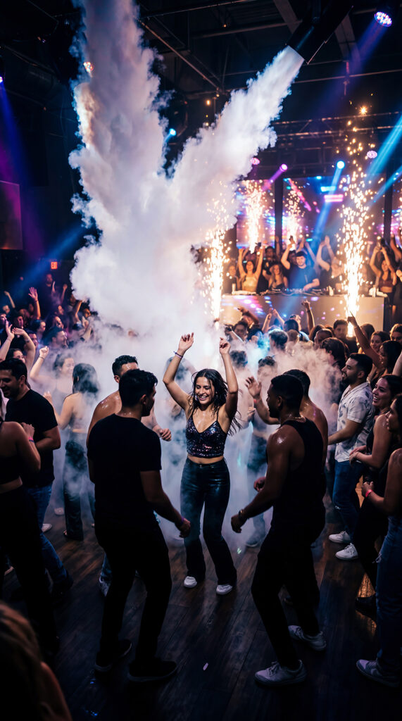 Guests celebrating on the dance floor with CO2 cannon effects and professional event entertainment in Johannesburg