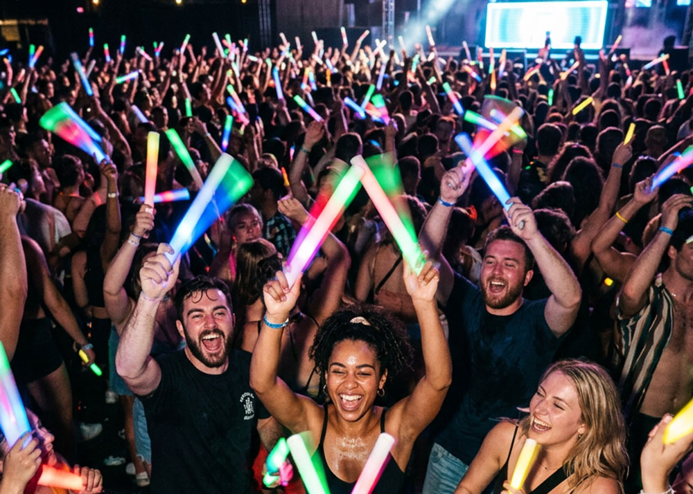 Guests enjoying neon glow stick entertainment at a private celebration