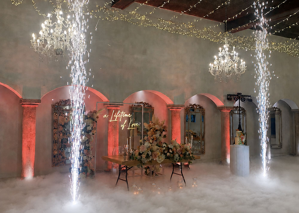 Luxury wedding venue featuring professional special effects and indoor cold sparkler displays