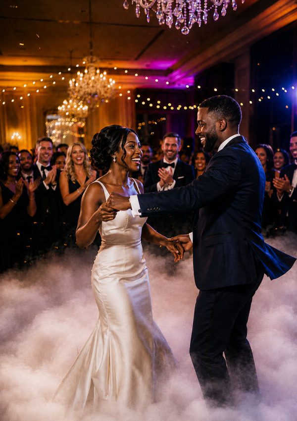 Bride and groom sharing their first dance with a luxury dry ice effect at a Johannesburg wedding